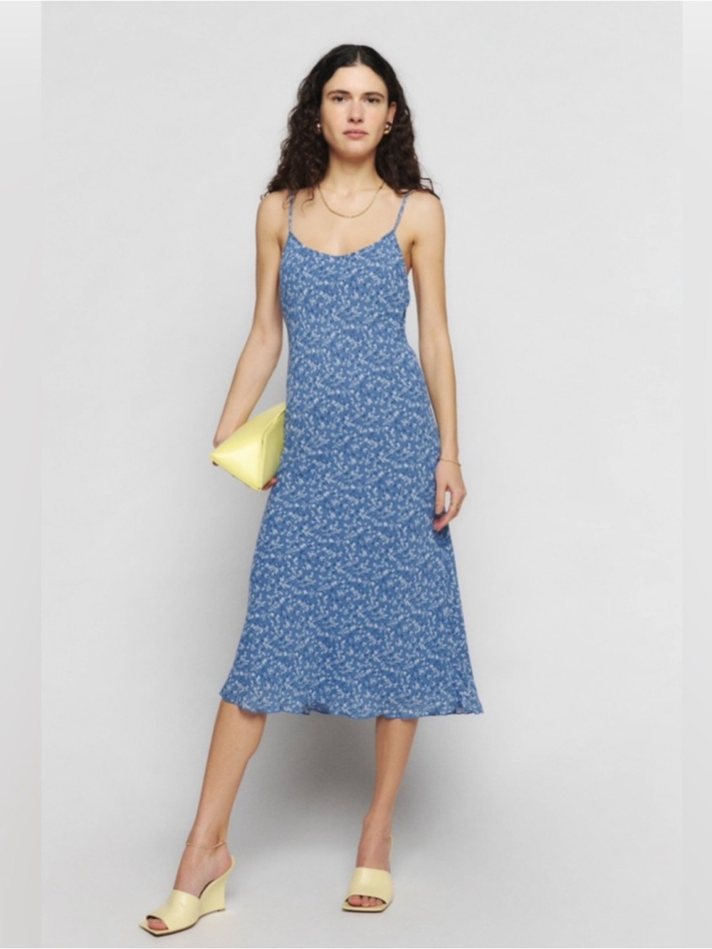 Reformation Emerick Dress 20/2X Blue Floral Midi Tie Strap Cottagecore